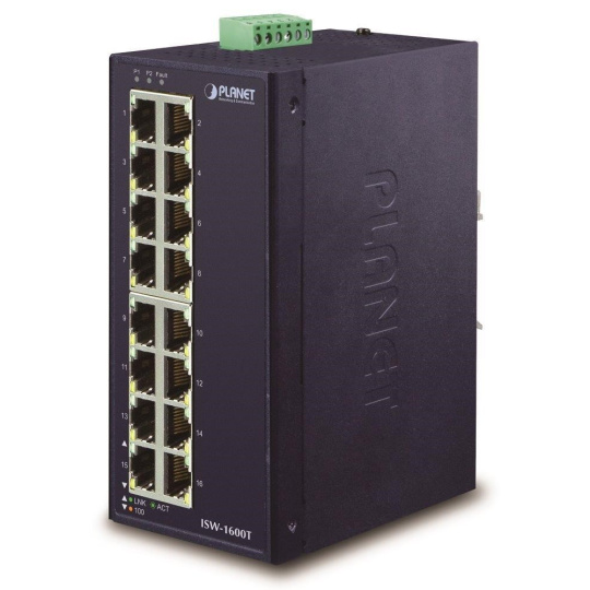 Planet ISW-1600T, switch, 16x 10/100Base-TX, ESD, DIN, IP30, -40~75°C
