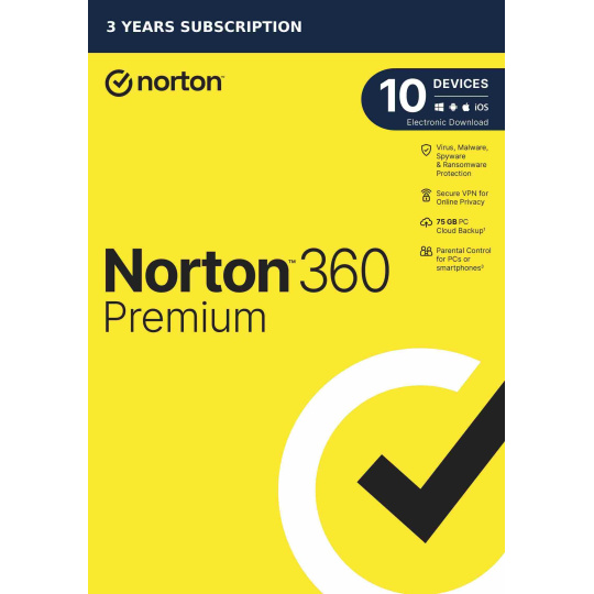 NORTON 360 PREMIUM 75GB +VPN 1 uživatel pro 10 zařízení na 3 roky ESD