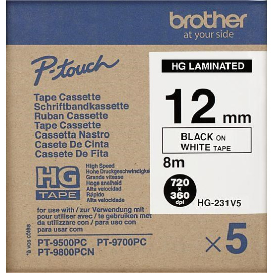 BROTHER HGE-231V5 Labelling Supplies, 12mm Black/White (5 pcs Pack) High Grade Tape