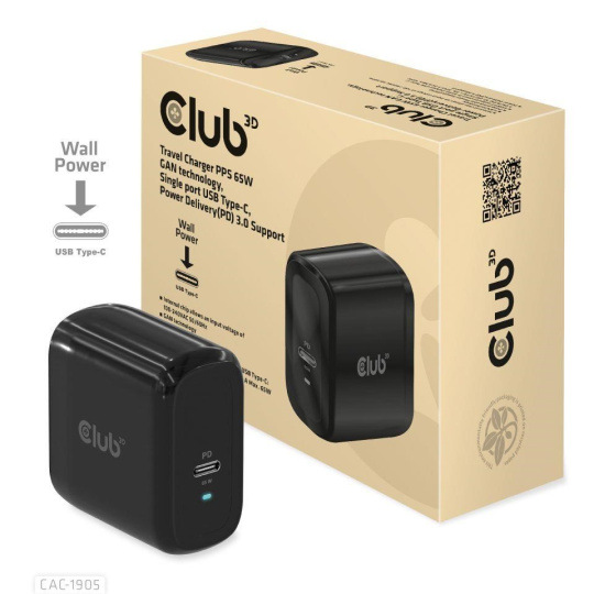 Club3D cestovní nabíječka PPS 65W GAN technologie, USB Type-C, Power Delivery(PD) 3.0 Support