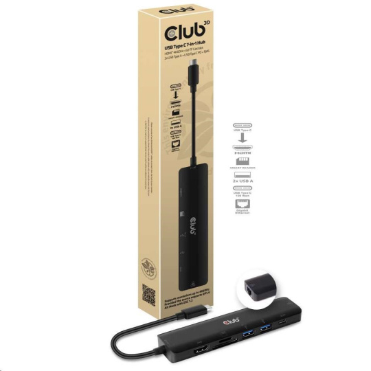 Club3D hub USB-C 3.2 Gen1 7in1 Hub HDMI 4K60Hz, 2x SD card, 2x USB-A, USB-C PD - nabíjení 100W, RJ45