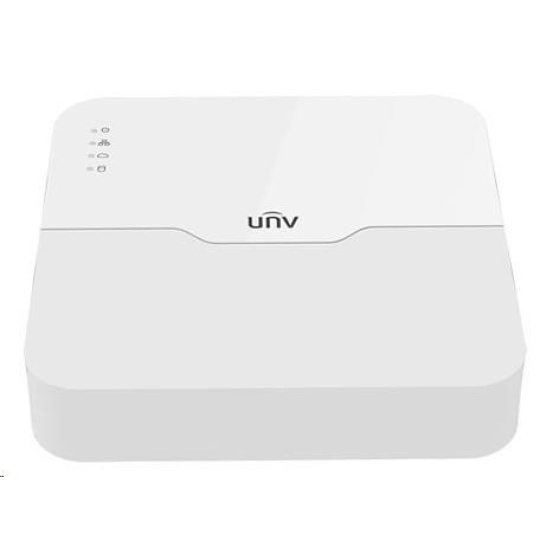 Uniview NVR, 4 PoE (Max 54W) kanály, H.265, 1x HDD, 8Mpix (80Mbps/64Mbps), HDMI, VGA, 4K, ONVIF, 2x USB, audio