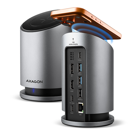 AXAGON HMC-WL9, USB 10Gbps hub s Qi, 3x USB-A, USB-C, HDMI & DP 4k/60Hz, RJ-45 GLAN, PD 100W, kabel USB-C 60cm AXAGON HMC-WL9, USB 10Gbps hub s Qi, 3x USB-A, USB-C, HDMI & DP 4k/60Hz, RJ-45 GLAN, PD 100W, kabel USB-C 60cm