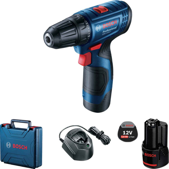 BOSCH GSR 120-LI, akumulátorový vrtací šroubovák, 0 – 400 / 0 – 1.500 ot/min, 8 mm, 2x akumulátor GBA 12V 2.0Ah