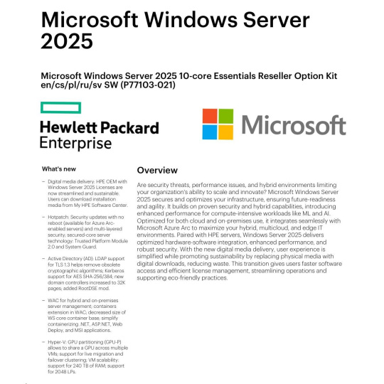 HPE Windows Server 2025 10-core Essentials Reseller Option Kit CZ (25/50user/dev en/ru/po) OEM HPE Windows Server 2025 10-core Essentials Reseller Option Kit CZ (25/50user/dev en/ru/po) OEM