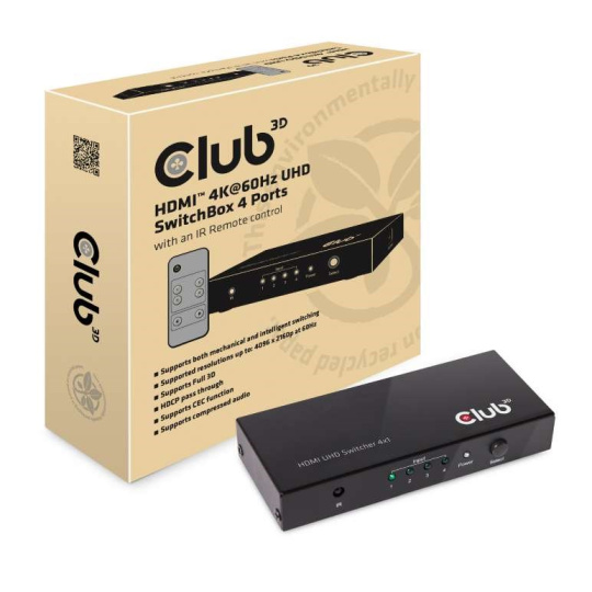 Club3D Video switch 4:1 HDMI 2.0 4K60Hz UHD, 4 porty