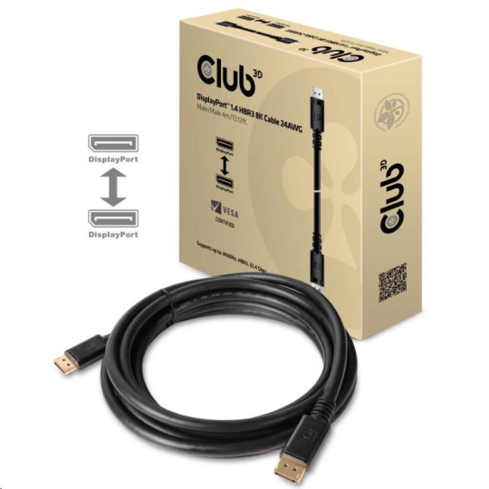 Club3D Kabel certifikovaný DisplayPort 1.4 HBR3, 8K60Hz (M/M), černé koncovky, 4m, 24 AWG