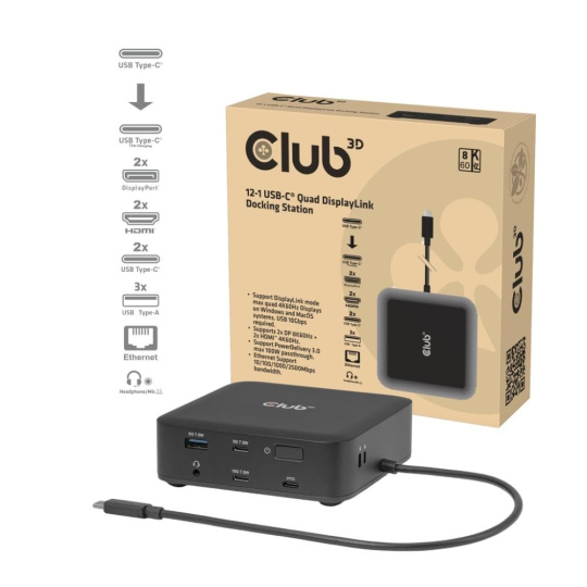 Club3D Dokovací stanice USB-C 12v1, 2xHDMI, 2xDP, 2xUSB-C, 1xUSB-C PD, 3xUSB, 1xRJ45, 1x3.5mm, černá