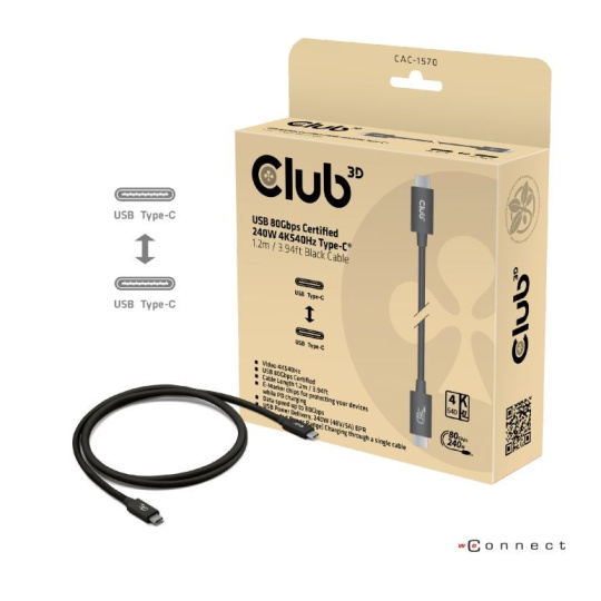 Club3D Kabel USB4 v2 Typ-C, 80Gbps, Certifikovaný kabel, 4K540Hz, 8K240Hz, 16K60Hz, PD 240W, 1m